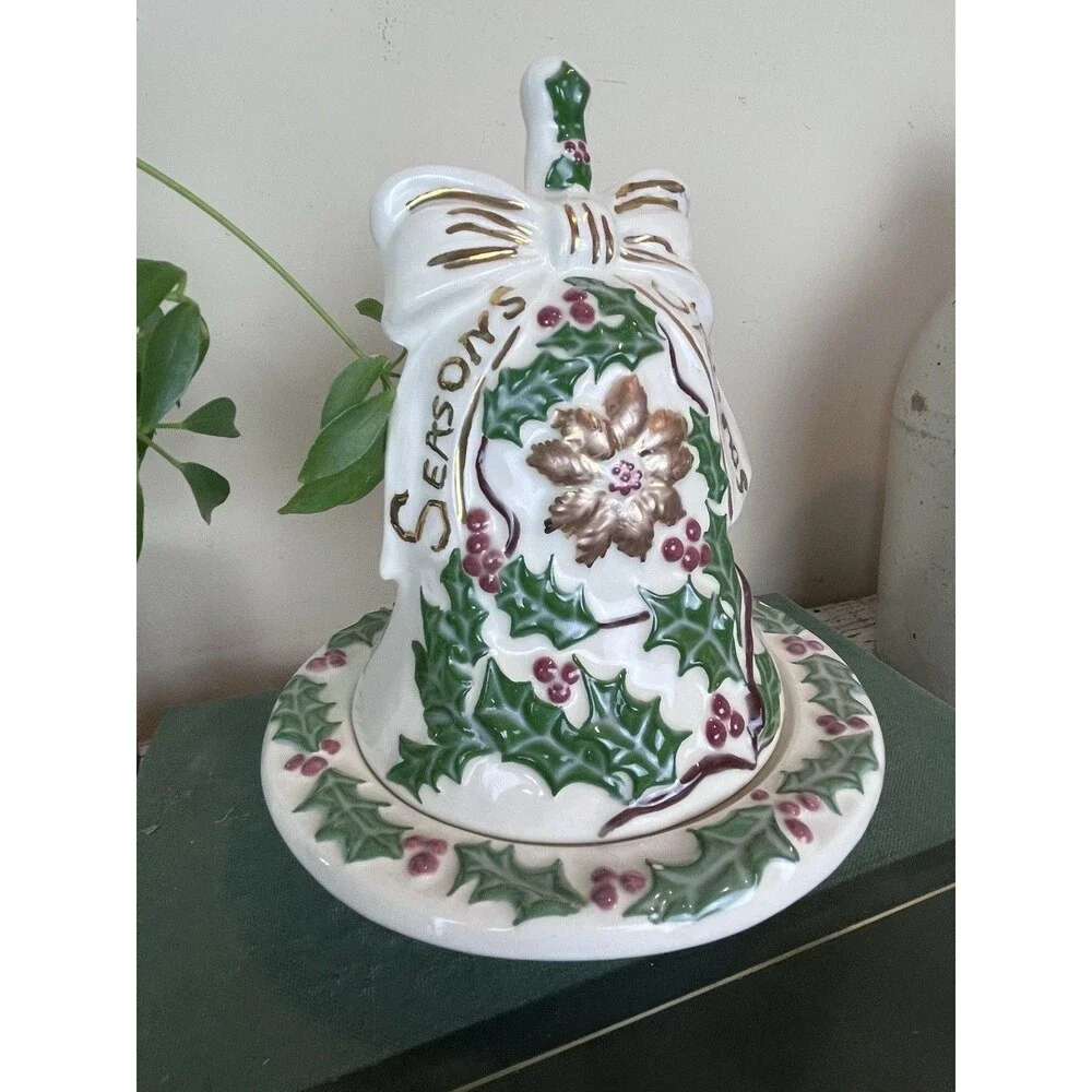 Vintage Hand Painted Christmas Ceramic White Bell Butter/Candy Dish Bow Holly